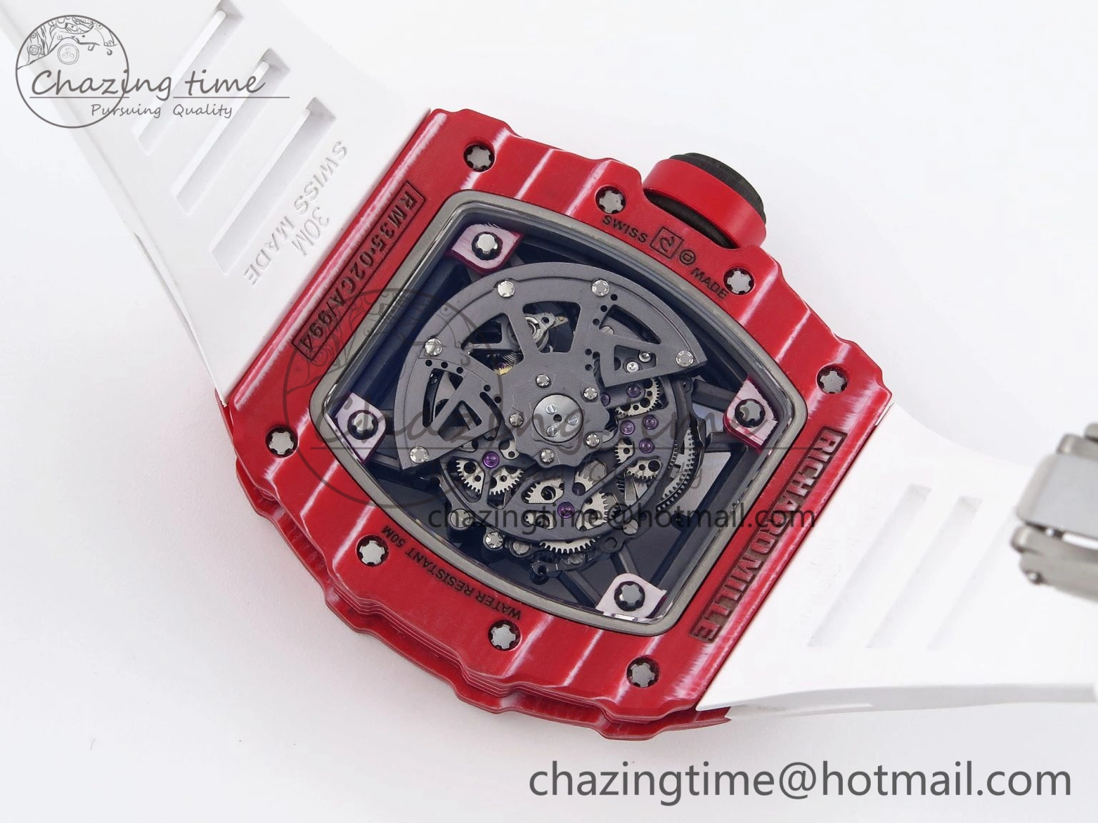 RM035 Red Carbon T+F Best Edition Skeleton Dial on White Rubber Strap Clone RMUL AllSeason 9324
