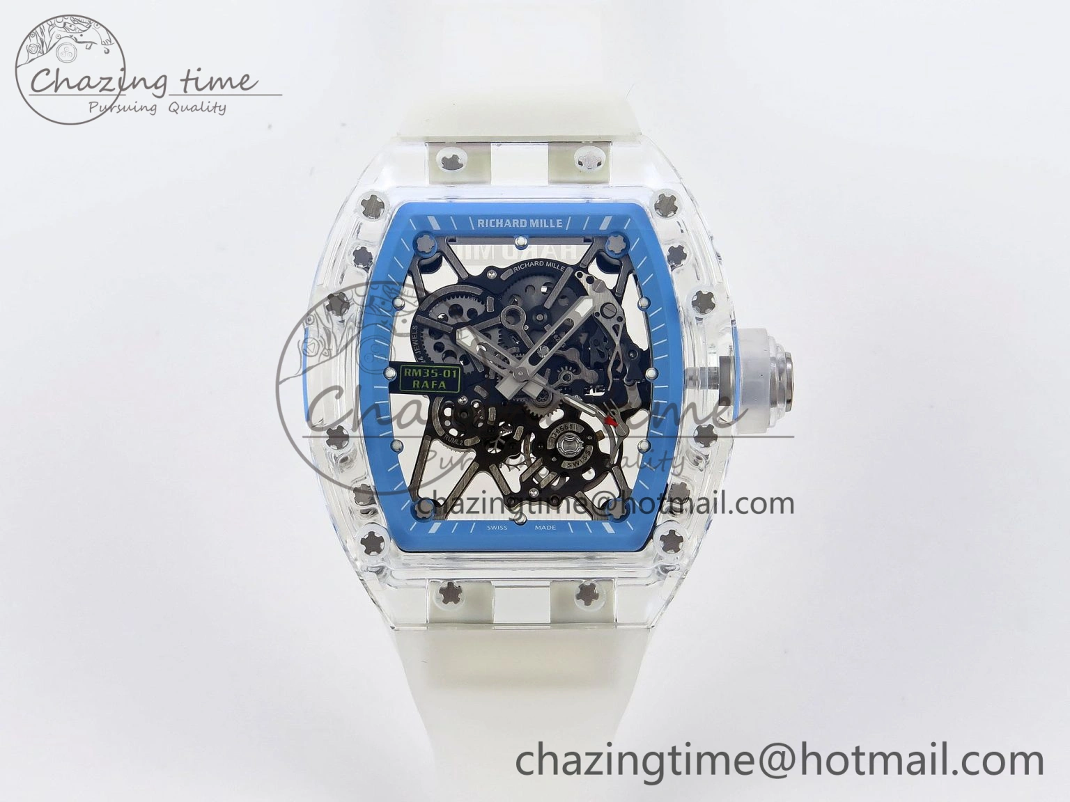 RM035 Transparent RMF Best Edition Skeleton Blue Dial on Translucent Rubber Strap Clone RMUL FlexibleFit 9328