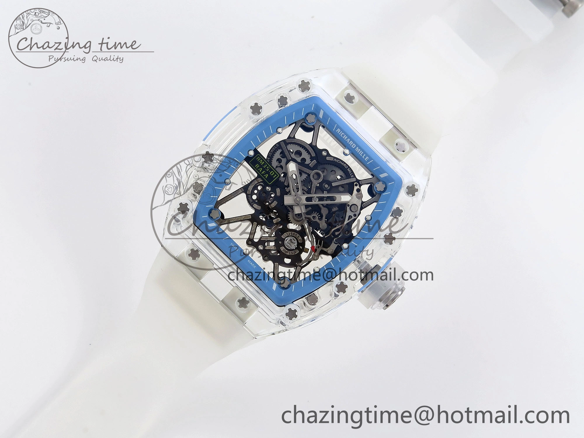 RM035 Transparent RMF Best Edition Skeleton Blue Dial on Translucent Rubber Strap Clone RMUL FlexibleFit 9328