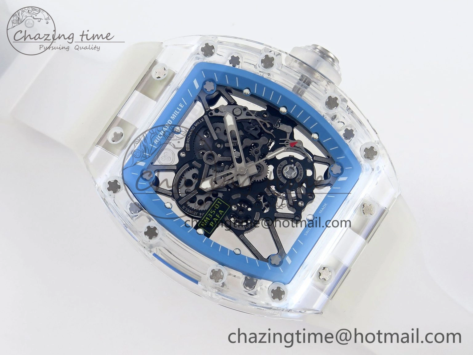 RM035 Transparent RMF Best Edition Skeleton Blue Dial on Translucent Rubber Strap Clone RMUL FlexibleFit 9328