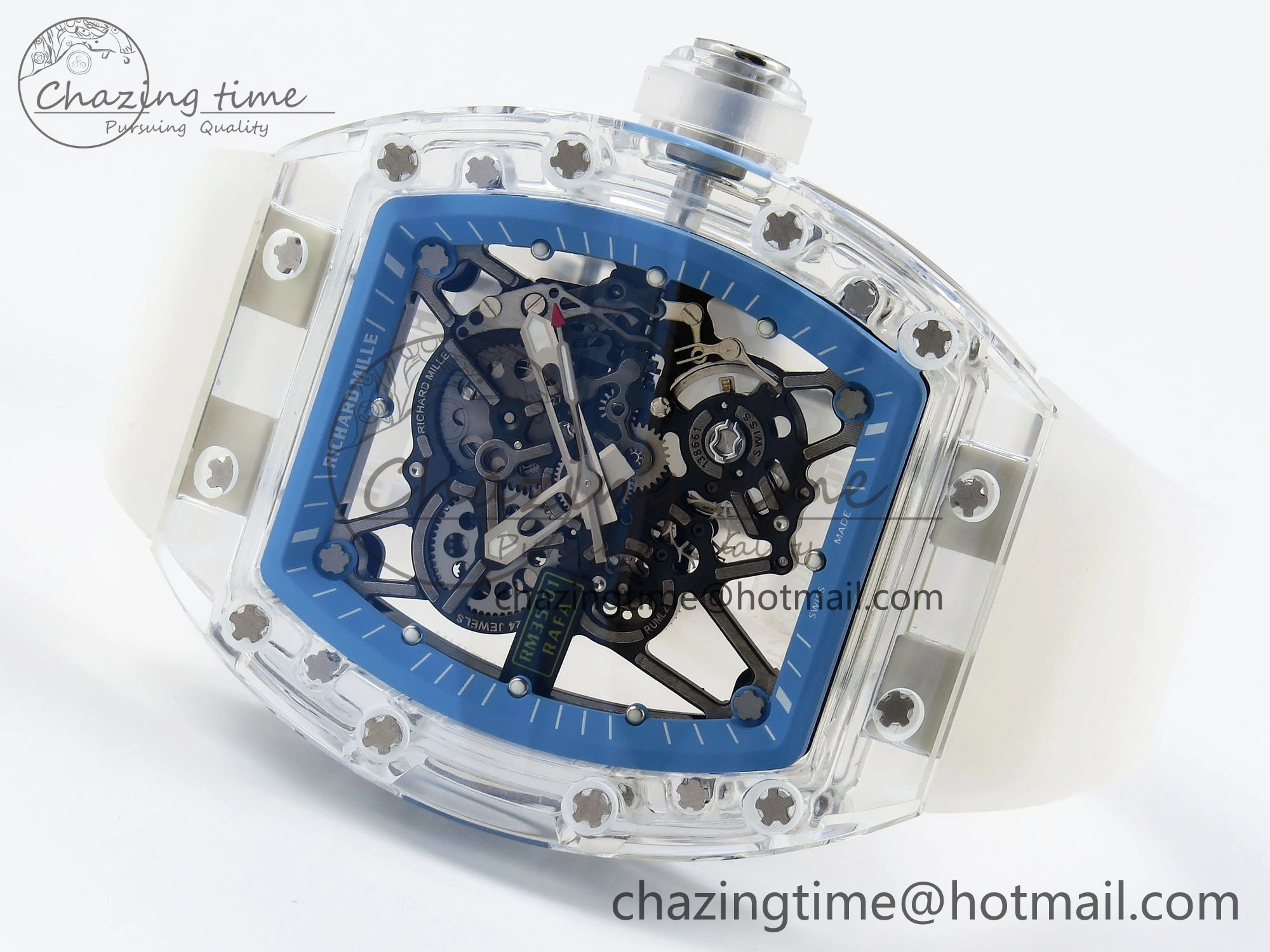 RM035 Transparent RMF Best Edition Skeleton Blue Dial on Translucent Rubber Strap Clone RMUL FlexibleFit 9328
