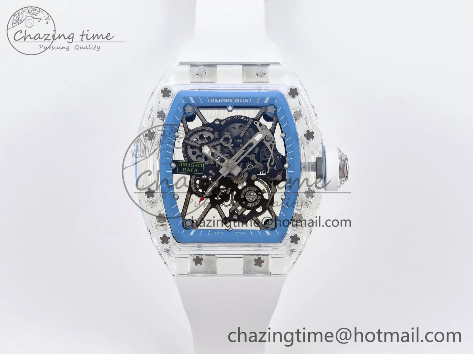 RM035 Transparent RMF Best Edition Skeleton Blue Dial on White Rubber Strap Clone RMUL Bold 9327