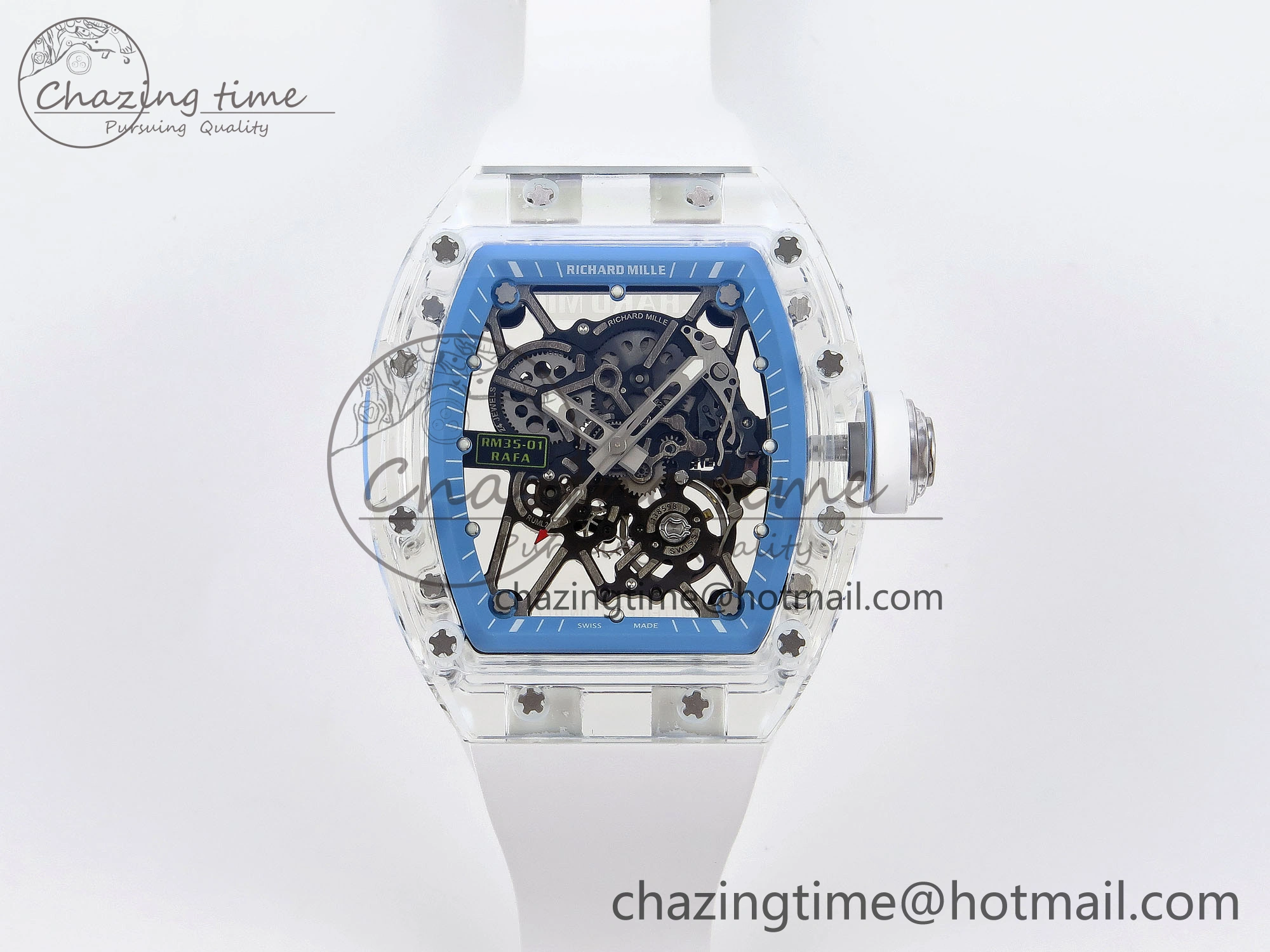 RM035 Transparent RMF Best Edition Skeleton Blue Dial on White Rubber Strap Clone RMUL Bold 9327