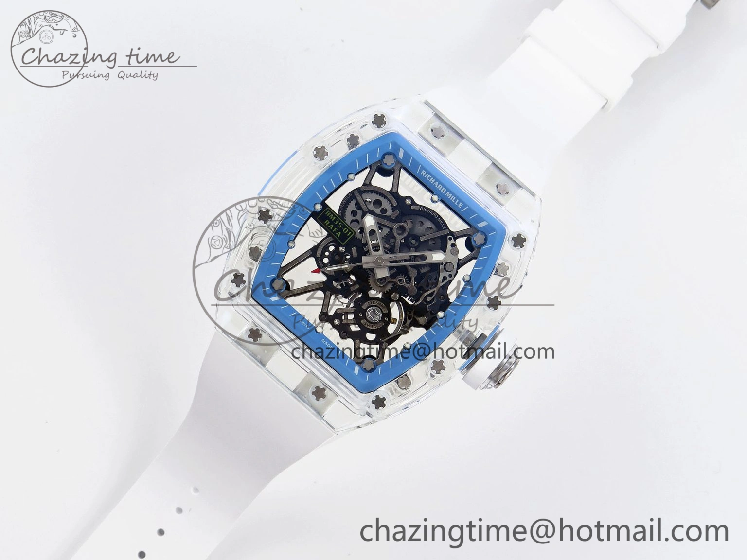RM035 Transparent RMF Best Edition Skeleton Blue Dial on White Rubber Strap Clone RMUL Bold 9327