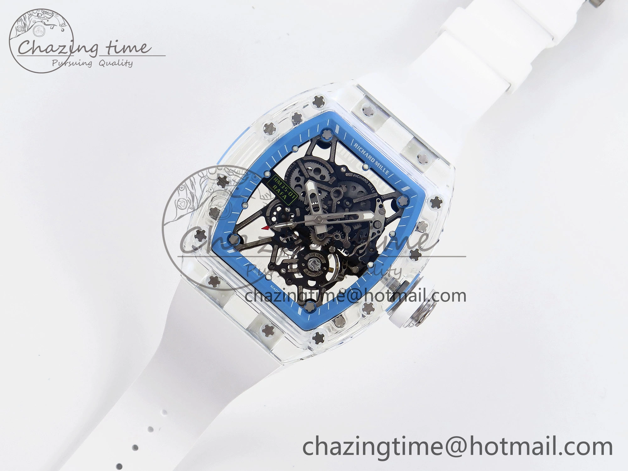 RM035 Transparent RMF Best Edition Skeleton Blue Dial on White Rubber Strap Clone RMUL Bold 9327
