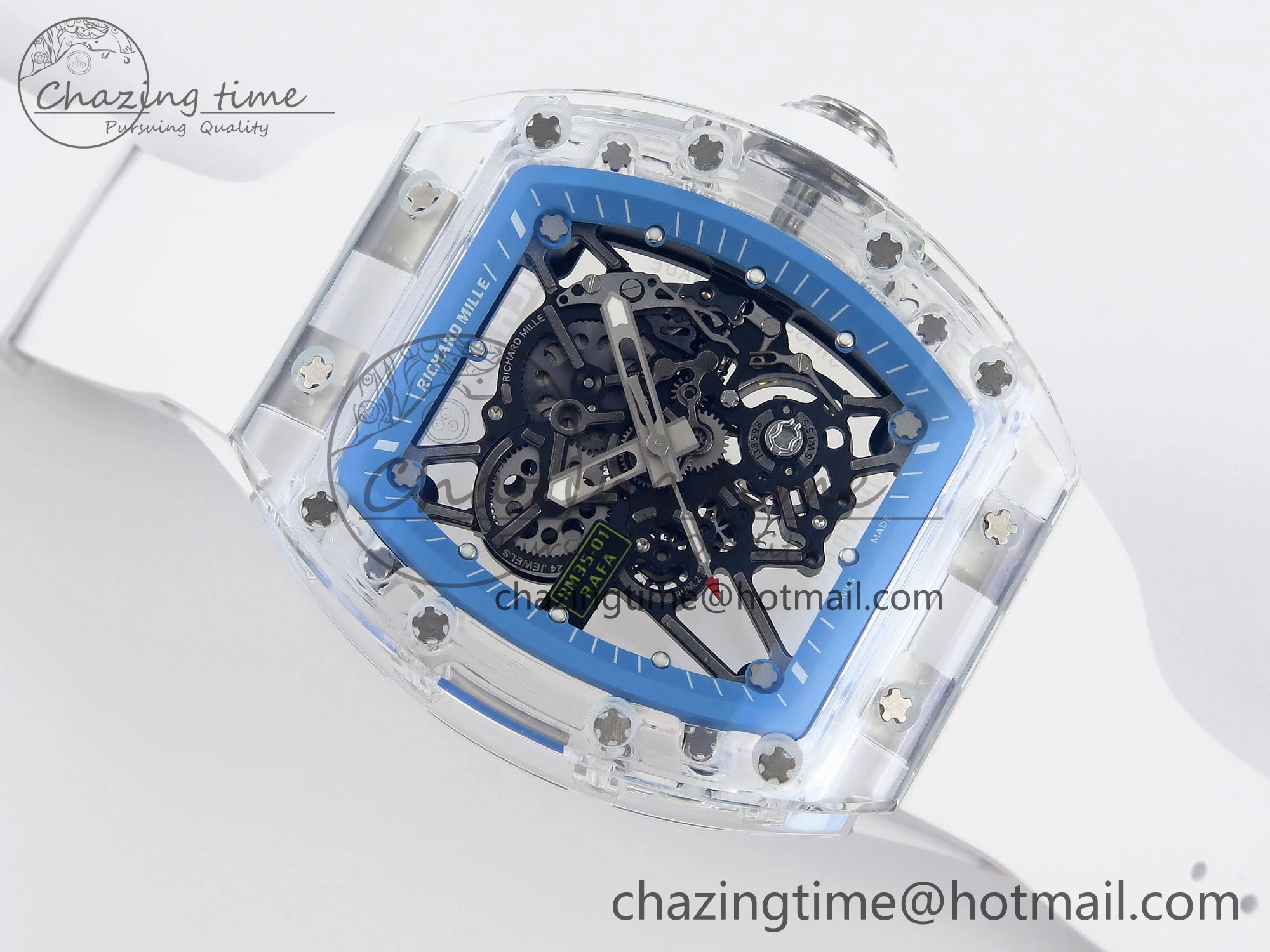 RM035 Transparent RMF Best Edition Skeleton Blue Dial on White Rubber Strap Clone RMUL Bold 9327