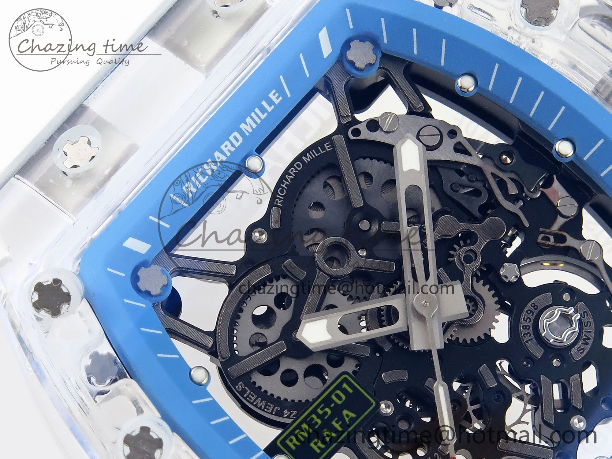RM035 Transparent RMF Best Edition Skeleton Blue Dial on White Rubber Strap Clone RMUL Bold 9327