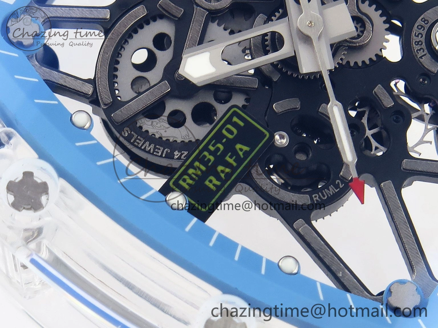 RM035 Transparent RMF Best Edition Skeleton Blue Dial on White Rubber Strap Clone RMUL Bold 9327