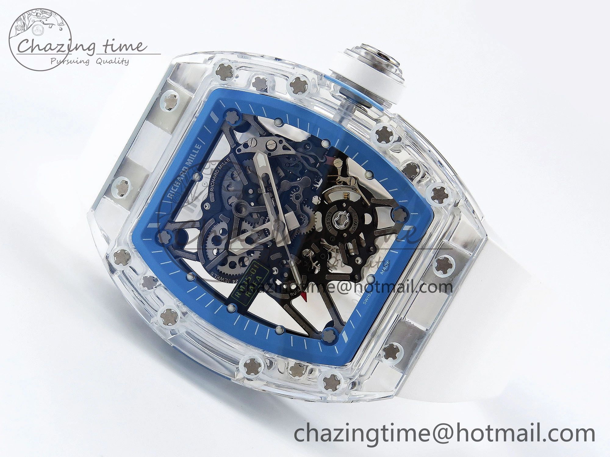 RM035 Transparent RMF Best Edition Skeleton Blue Dial on White Rubber Strap Clone RMUL Bold 9327