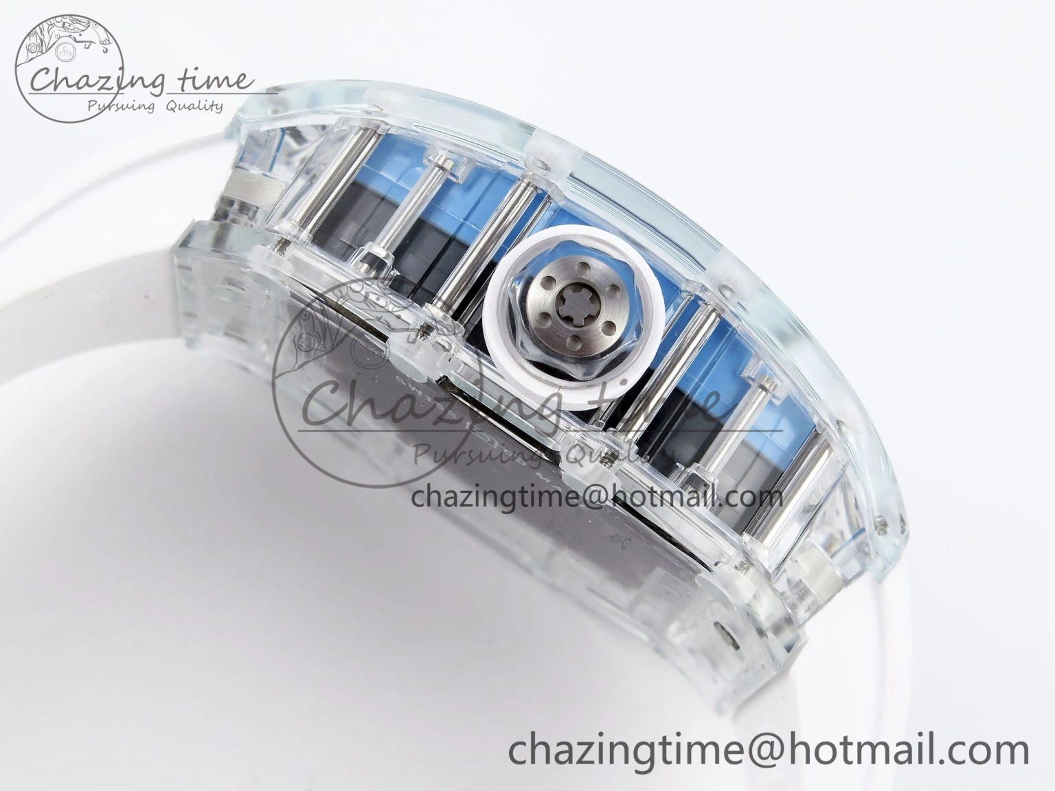 RM035 Transparent RMF Best Edition Skeleton Blue Dial on White Rubber Strap Clone RMUL Bold 9327