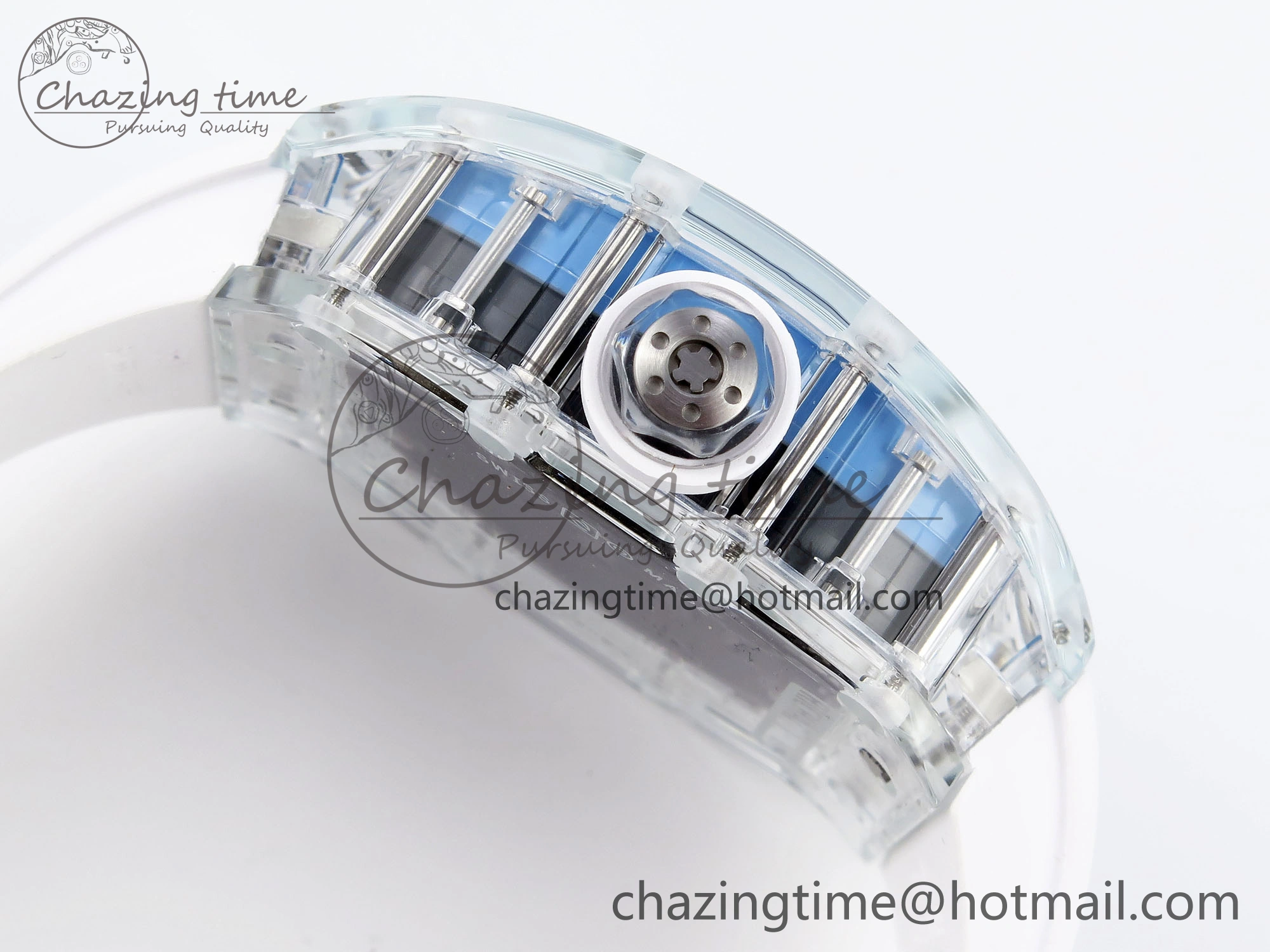 RM035 Transparent RMF Best Edition Skeleton Blue Dial on White Rubber Strap Clone RMUL Bold 9327