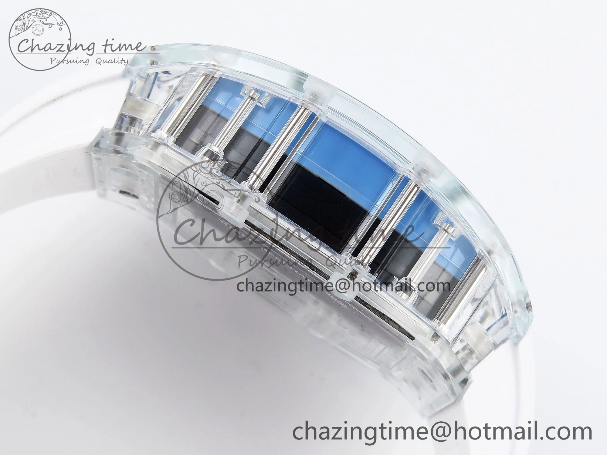 RM035 Transparent RMF Best Edition Skeleton Blue Dial on White Rubber Strap Clone RMUL Bold 9327