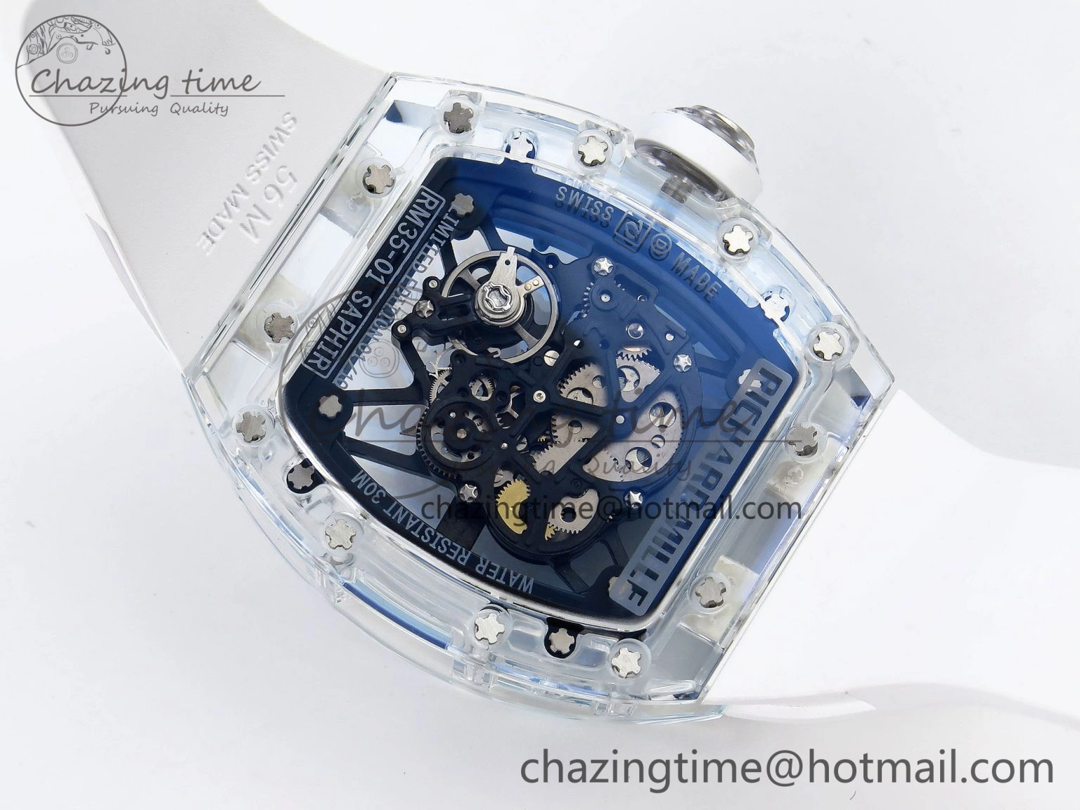 RM035 Transparent RMF Best Edition Skeleton Blue Dial on White Rubber Strap Clone RMUL Bold 9327