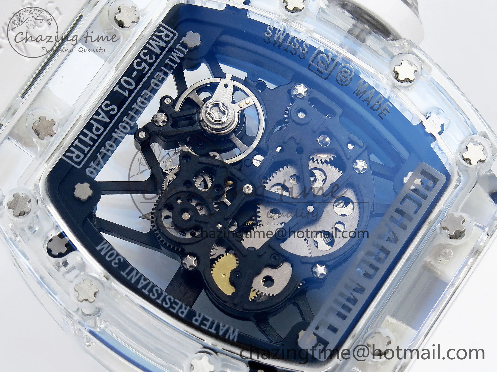 RM035 Transparent RMF Best Edition Skeleton Blue Dial on White Rubber Strap Clone RMUL Bold 9327