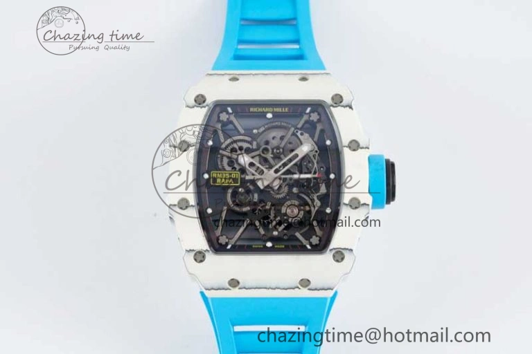 Lightweight RM035 White Carbon SONIC Best Edition Skeleton Dial on Blue Rubber Strap Clone RMUL 9355