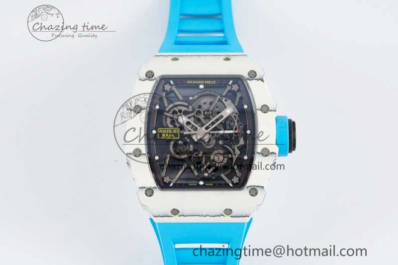 Lightweight RM035 White Carbon SONIC Best Edition Skeleton Dial on Blue Rubber Strap Clone RMUL 9355