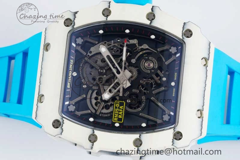 Lightweight RM035 White Carbon SONIC Best Edition Skeleton Dial on Blue Rubber Strap Clone RMUL 9355