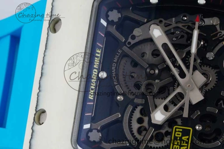 Lightweight RM035 White Carbon SONIC Best Edition Skeleton Dial on Blue Rubber Strap Clone RMUL 9355