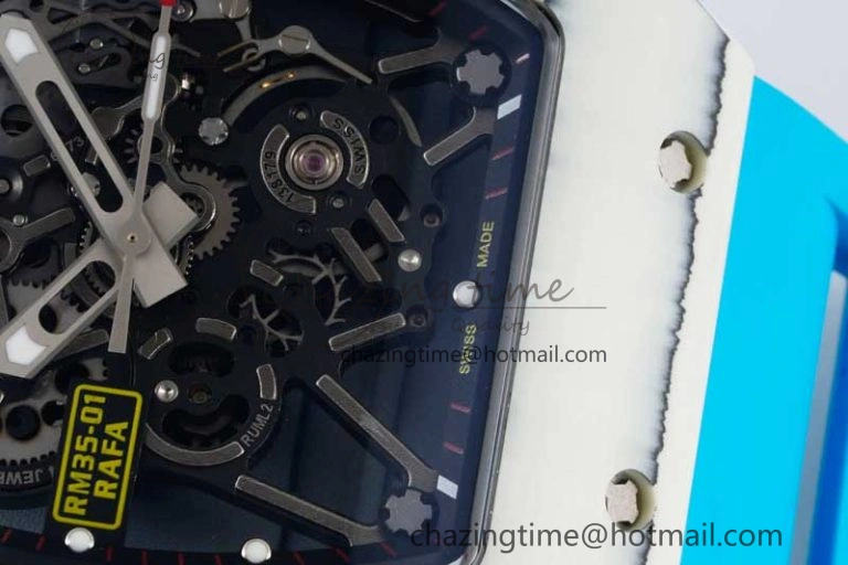 Lightweight RM035 White Carbon SONIC Best Edition Skeleton Dial on Blue Rubber Strap Clone RMUL 9355