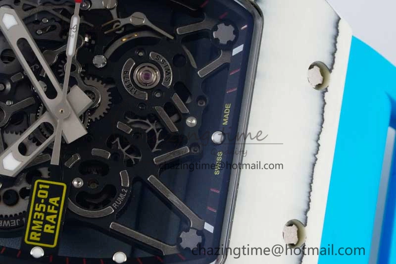 Lightweight RM035 White Carbon SONIC Best Edition Skeleton Dial on Blue Rubber Strap Clone RMUL 9355