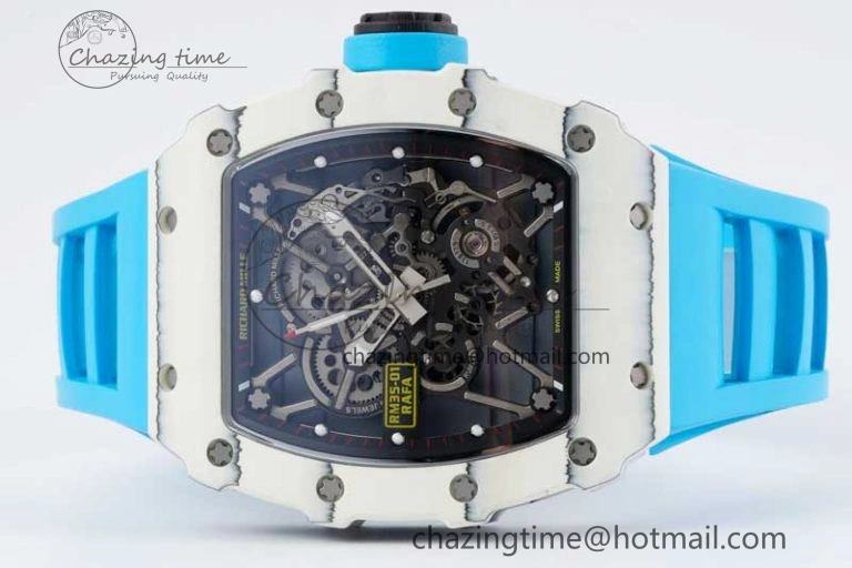 Lightweight RM035 White Carbon SONIC Best Edition Skeleton Dial on Blue Rubber Strap Clone RMUL 9355