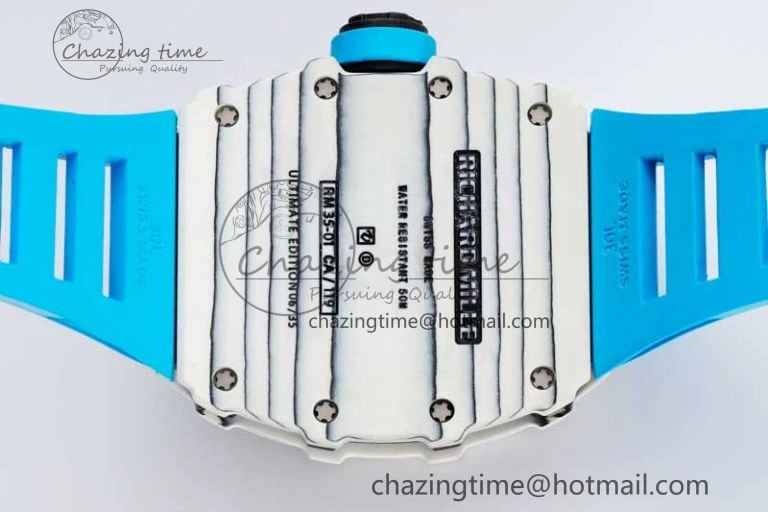 Lightweight RM035 White Carbon SONIC Best Edition Skeleton Dial on Blue Rubber Strap Clone RMUL 9355