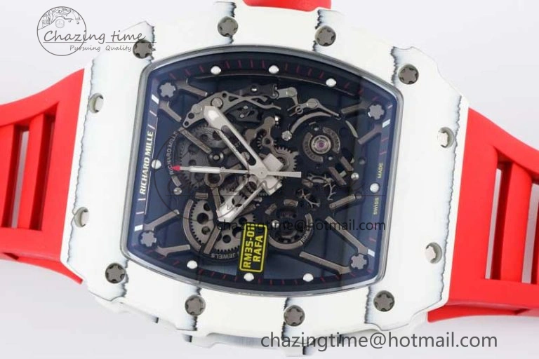 Sleek RM035 White Carbon SONIC Best Edition Skeleton Dial on Red Rubber Strap Clone RMUL 9353