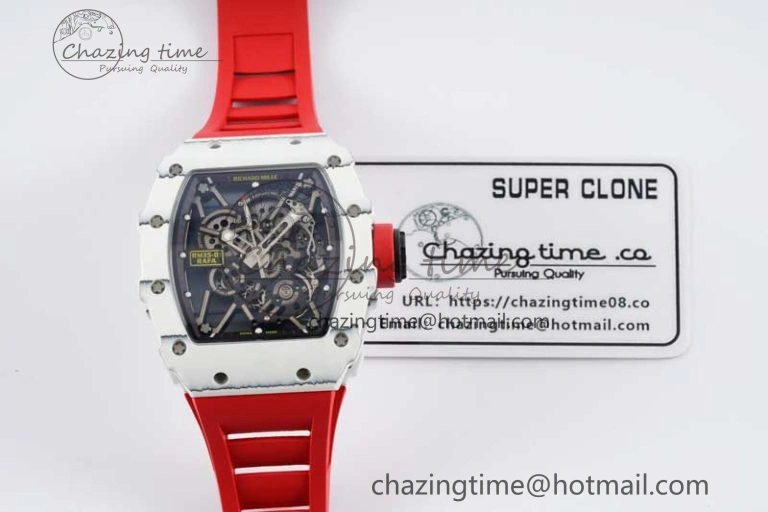 Sleek RM035 White Carbon SONIC Best Edition Skeleton Dial on Red Rubber Strap Clone RMUL 9353