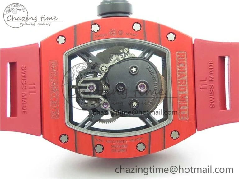 Efficient RM052-01 Tourbillon PVD Red Bezel JBF Best Edition Skeleton Dial on Red Rubber Strap 9424