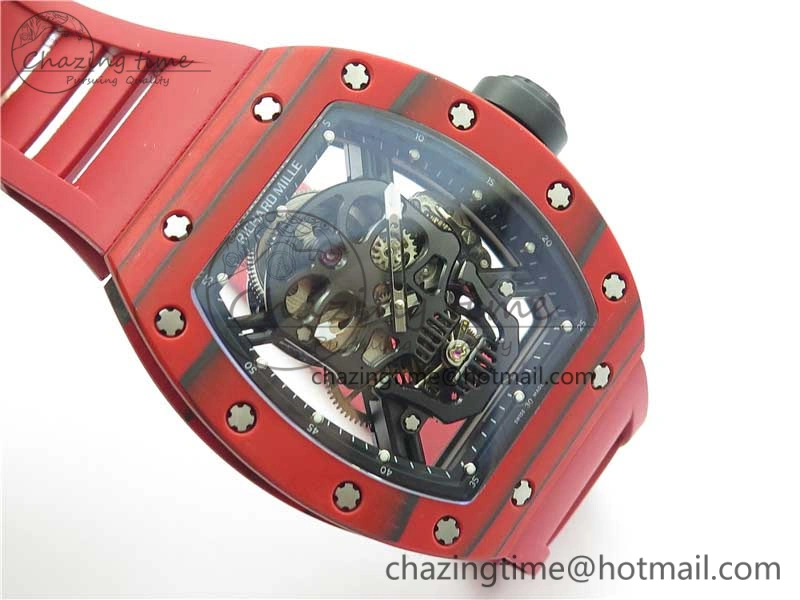 Efficient RM052-01 Tourbillon PVD Red Bezel JBF Best Edition Skeleton Dial on Red Rubber Strap 9424