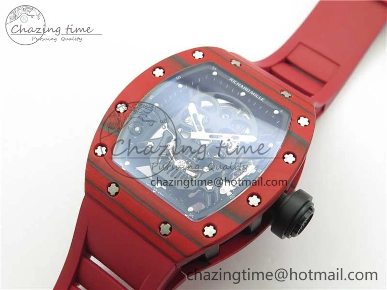 Efficient RM052-01 Tourbillon PVD Red Bezel JBF Best Edition Skeleton Dial on Red Rubber Strap 9424