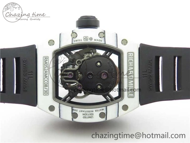 RM052-01 Tourbillon PVD White Bezel JBF Best Edition Skeleton Dial on Black Rubber Strap Flexible 9414
