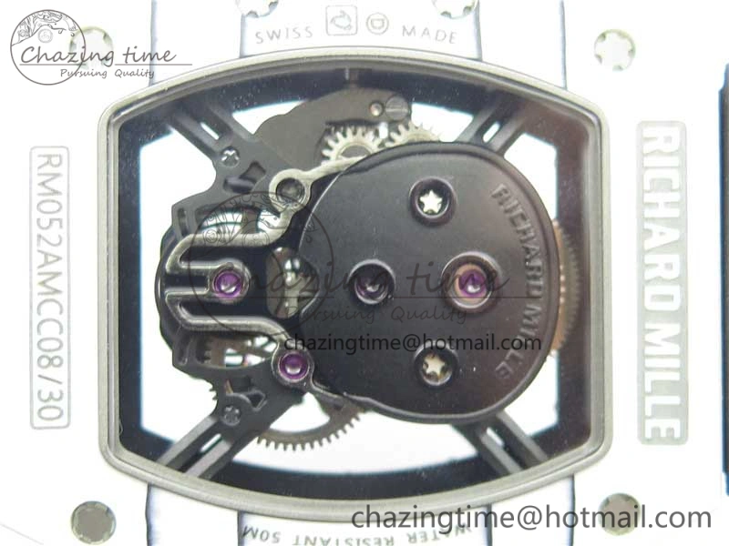 RM052-01 Tourbillon PVD White Bezel JBF Best Edition Skeleton Dial on Black Rubber Strap Flexible 9414