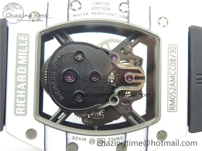 RM052-01 Tourbillon PVD White Bezel JBF Best Edition Skeleton Dial on Black Rubber Strap Flexible 9414