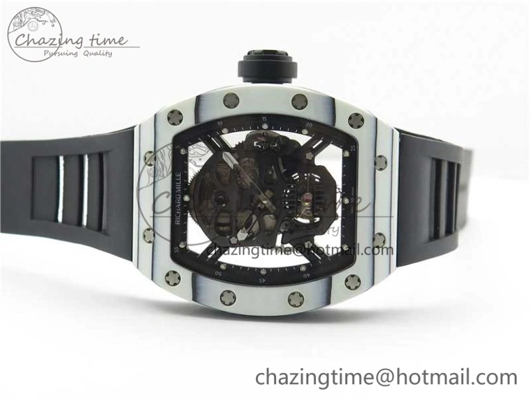 RM052-01 Tourbillon PVD White Bezel JBF Best Edition Skeleton Dial on Black Rubber Strap Flexible 9414