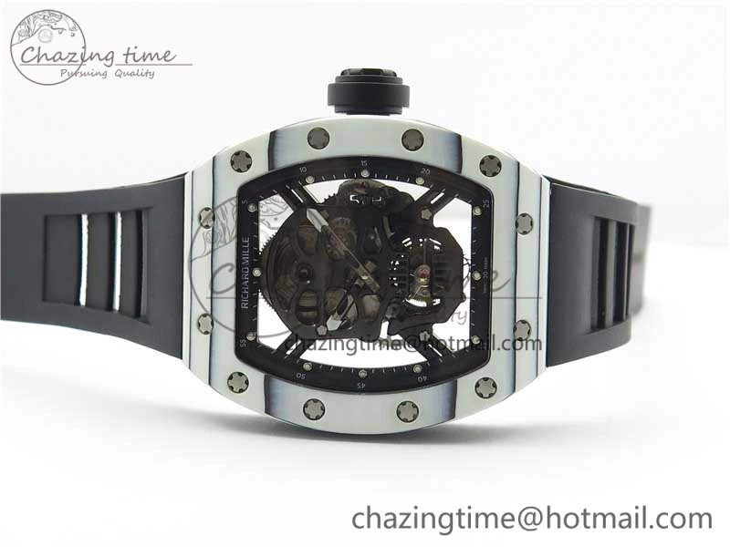 RM052-01 Tourbillon PVD White Bezel JBF Best Edition Skeleton Dial on Black Rubber Strap Flexible 9414