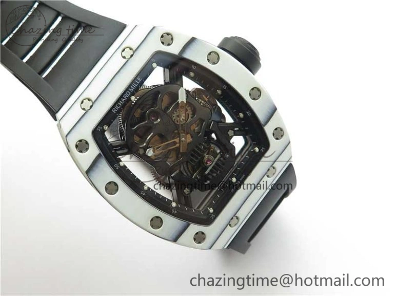 RM052-01 Tourbillon PVD White Bezel JBF Best Edition Skeleton Dial on Black Rubber Strap Flexible 9414