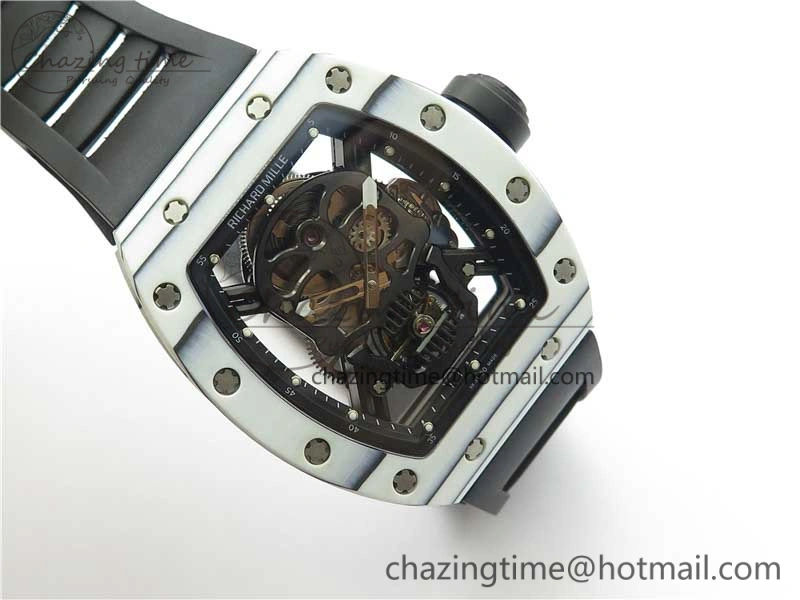 RM052-01 Tourbillon PVD White Bezel JBF Best Edition Skeleton Dial on Black Rubber Strap Flexible 9414