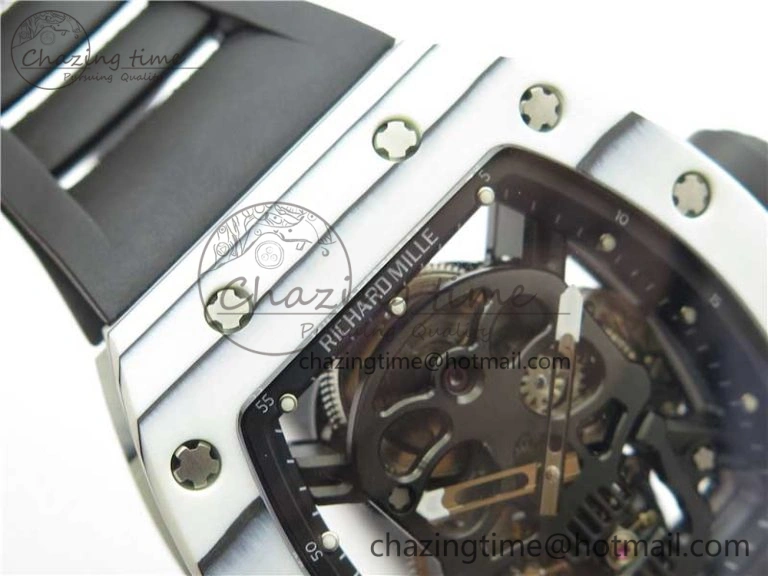 RM052-01 Tourbillon PVD White Bezel JBF Best Edition Skeleton Dial on Black Rubber Strap Flexible 9414