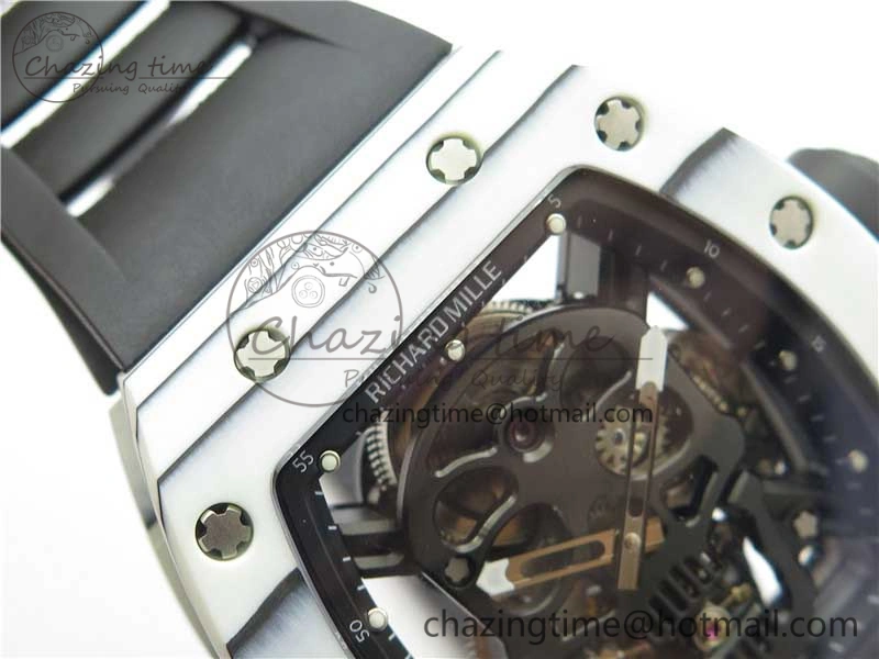 RM052-01 Tourbillon PVD White Bezel JBF Best Edition Skeleton Dial on Black Rubber Strap Flexible 9414