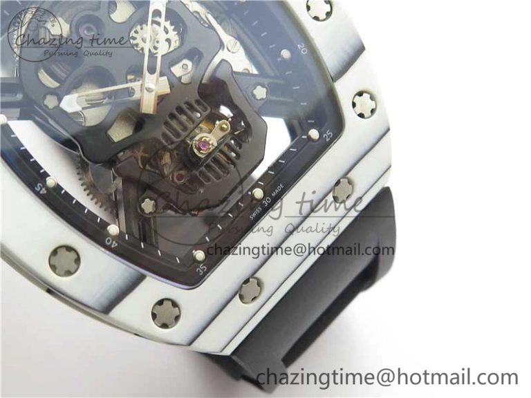 RM052-01 Tourbillon PVD White Bezel JBF Best Edition Skeleton Dial on Black Rubber Strap Flexible 9414