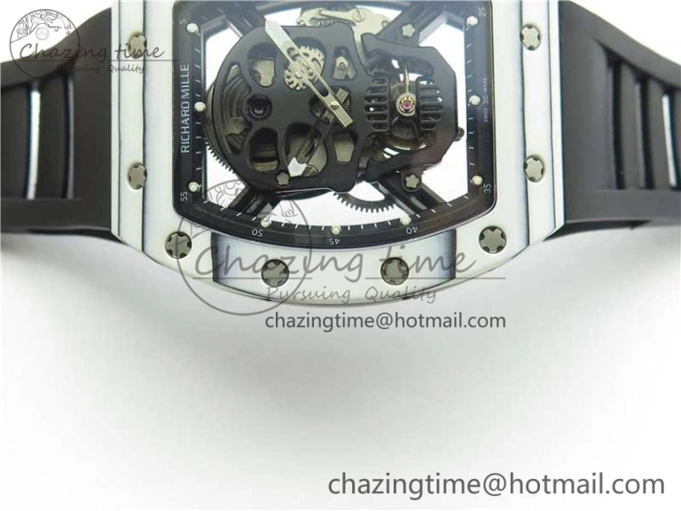 RM052-01 Tourbillon PVD White Bezel JBF Best Edition Skeleton Dial on Black Rubber Strap Flexible 9414