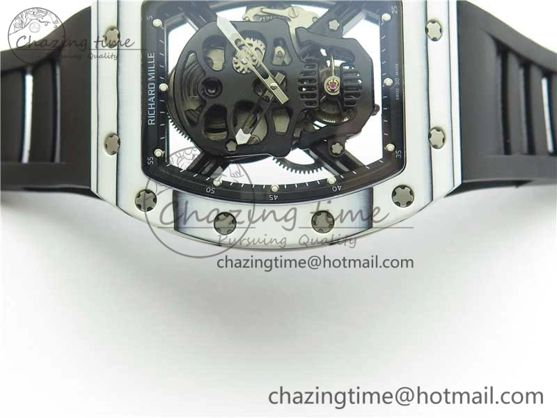 RM052-01 Tourbillon PVD White Bezel JBF Best Edition Skeleton Dial on Black Rubber Strap Flexible 9414