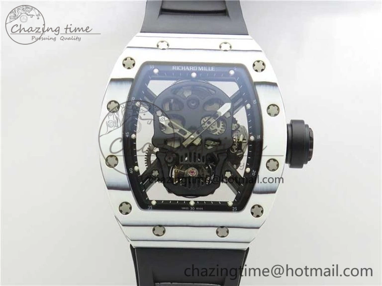 RM052-01 Tourbillon PVD White Bezel JBF Best Edition Skeleton Dial on Black Rubber Strap Flexible 9414