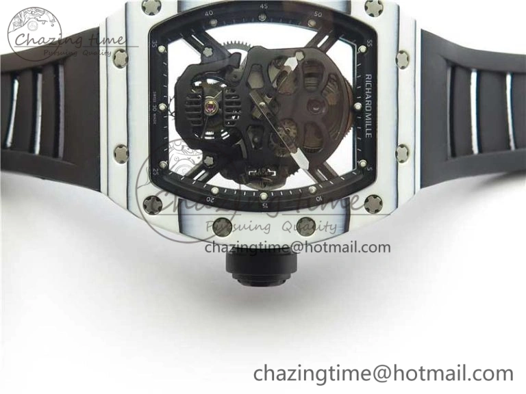 RM052-01 Tourbillon PVD White Bezel JBF Best Edition Skeleton Dial on Black Rubber Strap Flexible 9414