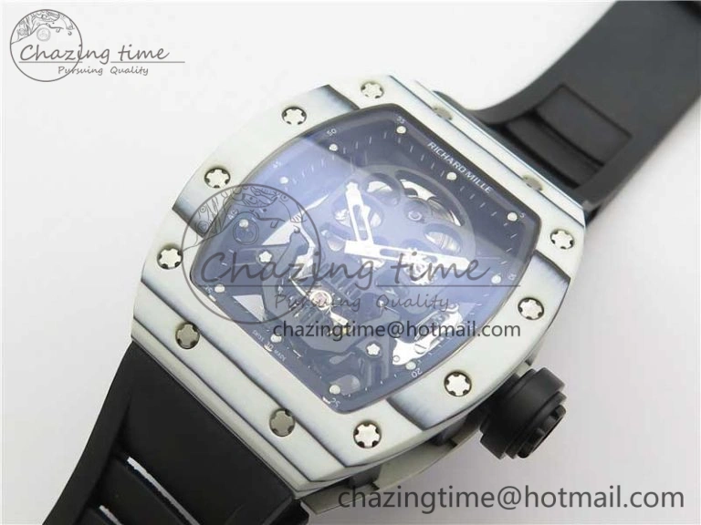 RM052-01 Tourbillon PVD White Bezel JBF Best Edition Skeleton Dial on Black Rubber Strap Flexible 9414