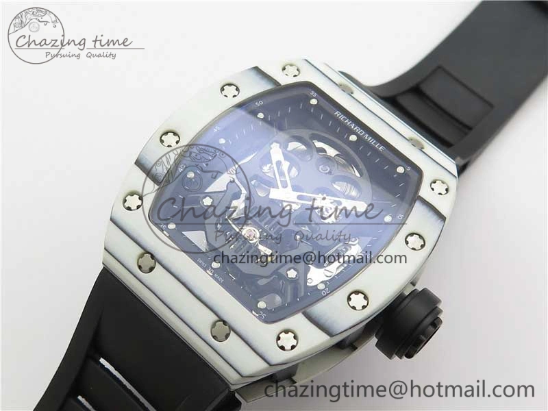 RM052-01 Tourbillon PVD White Bezel JBF Best Edition Skeleton Dial on Black Rubber Strap Flexible 9414