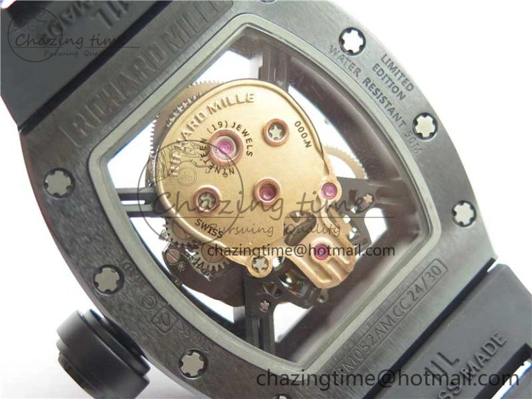 Youthful RM052 Skull Brushed Black Ceramic Real Tourbillon JBF 1:1 Best Edition RG Skull Dial on Black Rubber Strap 9406