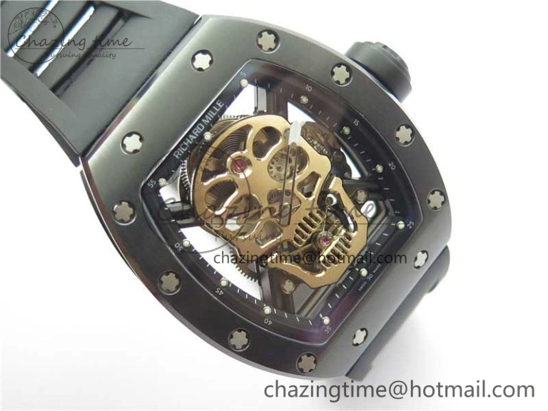 Youthful RM052 Skull Brushed Black Ceramic Real Tourbillon JBF 1:1 Best Edition RG Skull Dial on Black Rubber Strap 9406