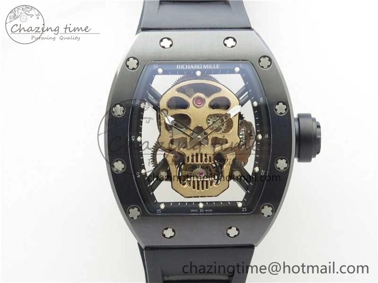 Youthful RM052 Skull Brushed Black Ceramic Real Tourbillon JBF 1:1 Best Edition RG Skull Dial on Black Rubber Strap 9406